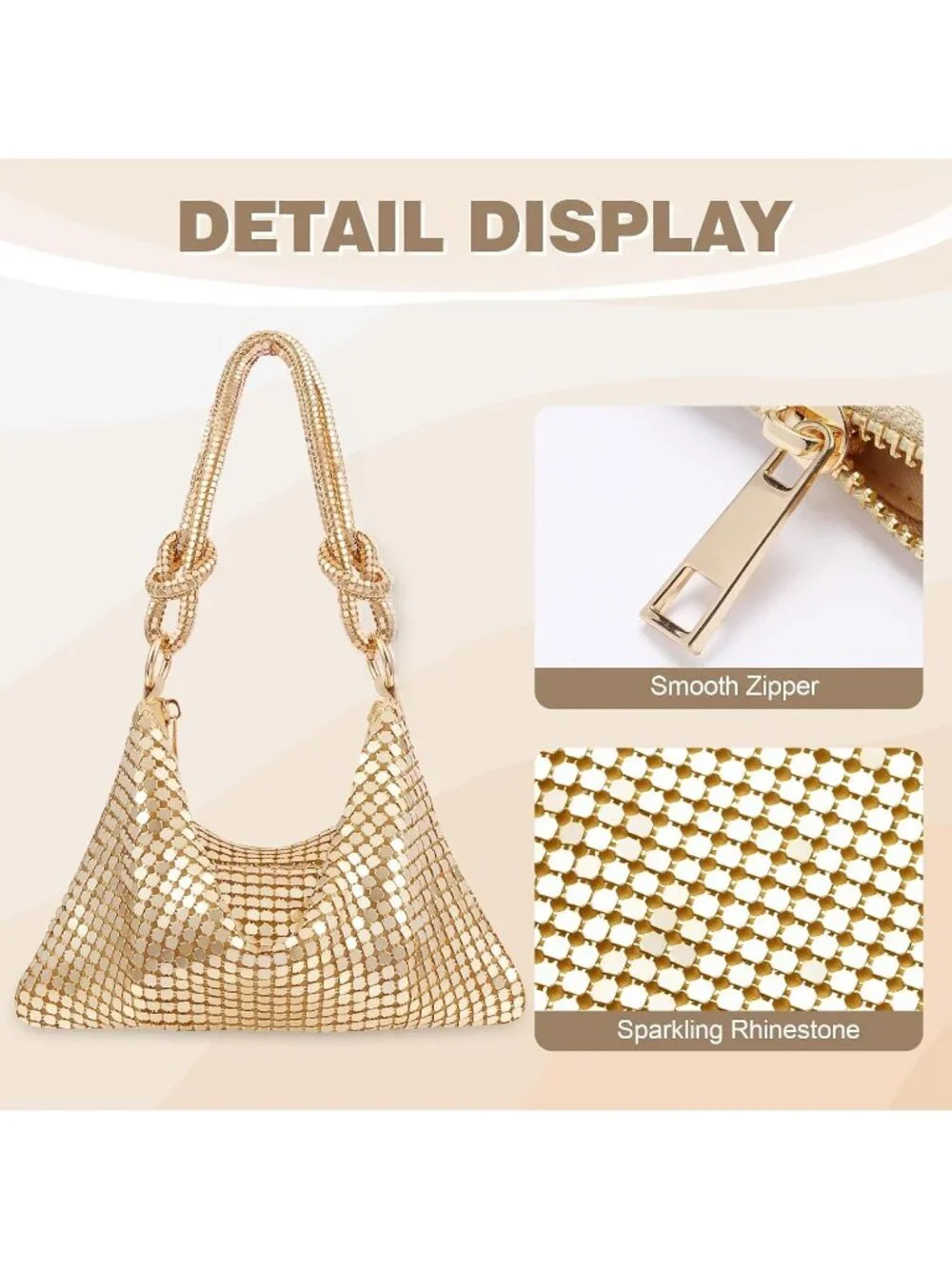 Women Gold Rhinestone Evening Sparkly Crystal Slouchy Shoulder Clutch Purse